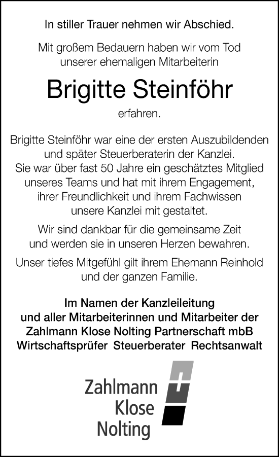 Traueranzeige von Brigitte Steinföhr von Neue Westfälische und Westfalen-Blatt