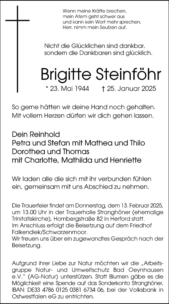 Traueranzeige von Brigitte Steinföhr von Neue Westfälische und Westfalen-Blatt