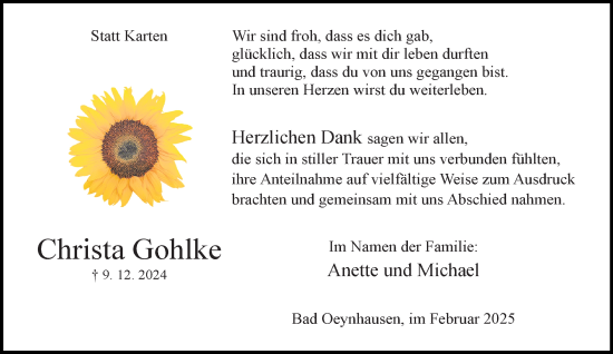 Traueranzeige von Christa Gohlke von Neue Westfälische und Westfalen-Blatt