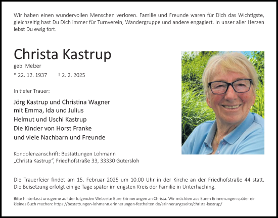 Traueranzeige von Christa Kastrup von Neue Westfälische und Westfalen-Blatt