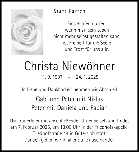 Traueranzeige von Christa Niewöhner von Neue Westfälische und Westfalen-Blatt