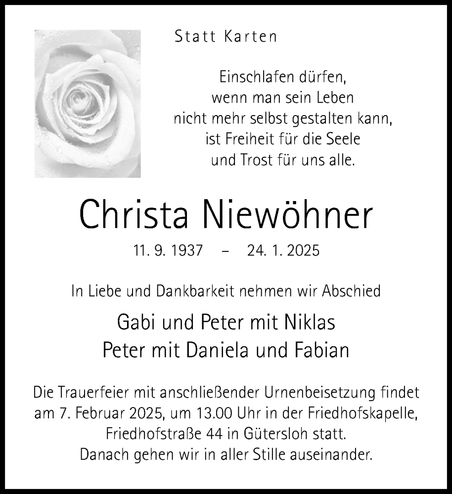  Traueranzeige für Christa Niewöhner vom 01.02.2025 aus Neue Westfälische und Westfalen-Blatt