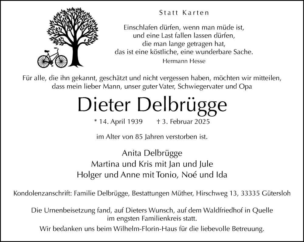  Traueranzeige für Dieter Delbrügge vom 15.02.2025 aus Neue Westfälische und Westfalen-Blatt