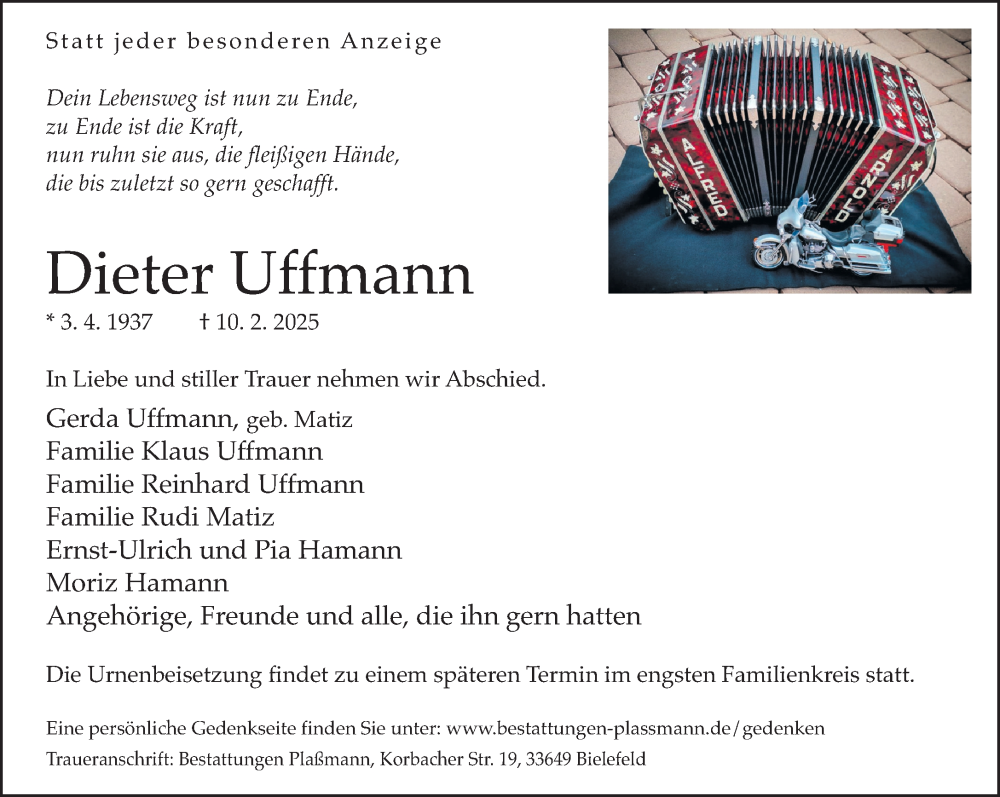  Traueranzeige für Dieter Uffmann vom 15.02.2025 aus Neue Westfälische und Westfalen-Blatt
