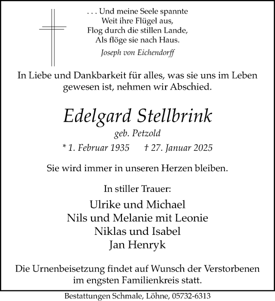 Traueranzeige von Edelgard Stellbrink von Neue Westfälische und Westfalen-Blatt