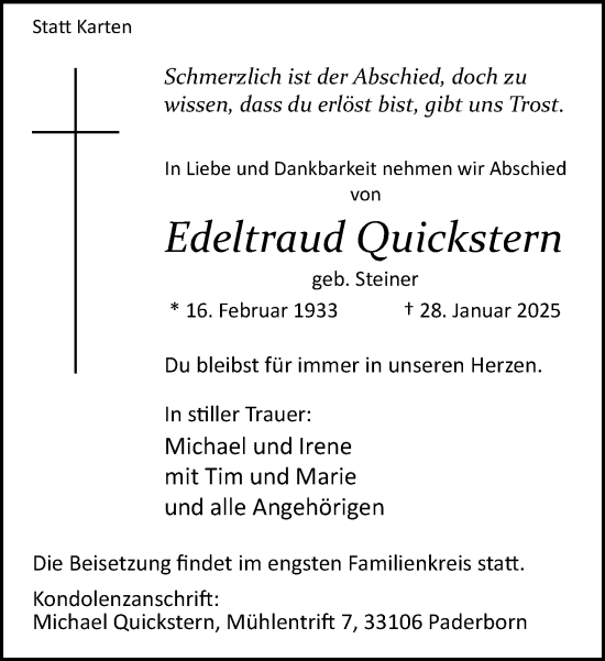 Traueranzeige von Edeltraud Quickstern von Neue Westfälische und Westfalen-Blatt