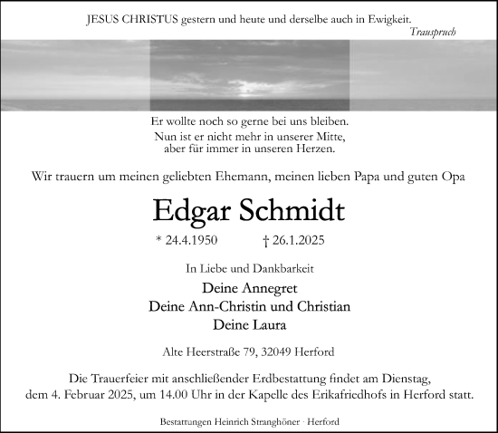 Traueranzeige von Edgar Schmidt von Neue Westfälische und Westfalen-Blatt