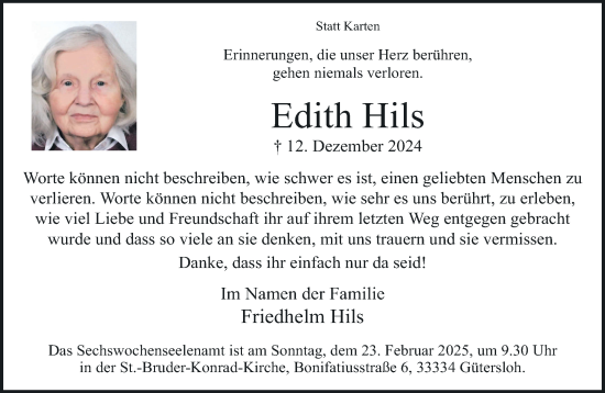 Traueranzeige von Edith Hils von Neue Westfälische und Westfalen-Blatt