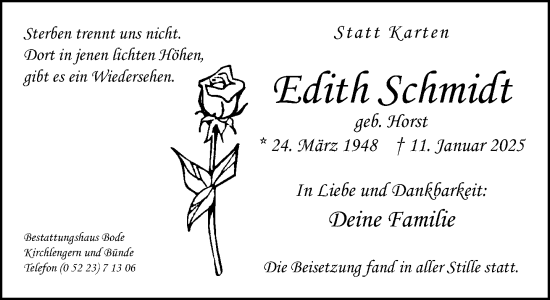 Traueranzeige von Edith Schmidt von Neue Westfälische und Westfalen-Blatt