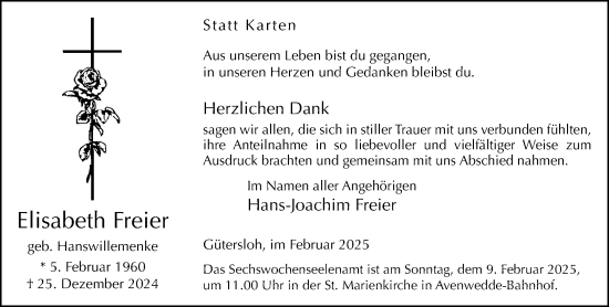 Traueranzeige von Elisabeth Freier von Neue Westfälische und Westfalen-Blatt