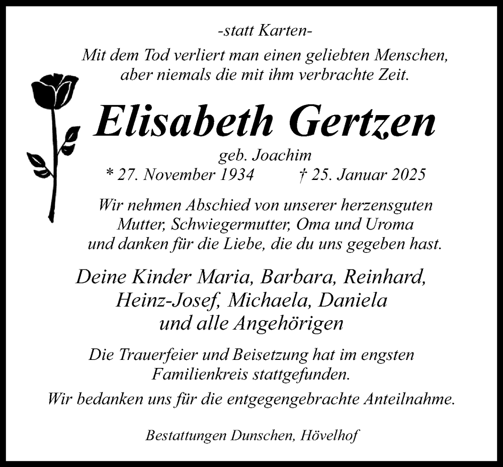  Traueranzeige für Elisabeth Gertzen vom 01.02.2025 aus Neue Westfälische und Westfalen-Blatt