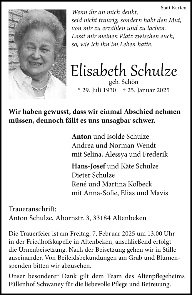  Traueranzeige für Elisabeth Schulze vom 01.02.2025 aus Neue Westfälische und Westfalen-Blatt