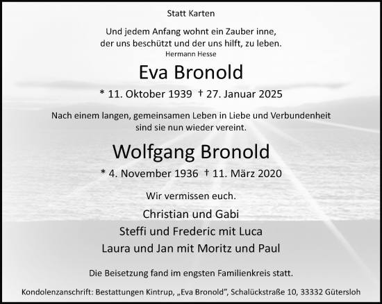 Traueranzeige von Eva und Wolfgang Bronold von Neue Westfälische und Westfalen-Blatt