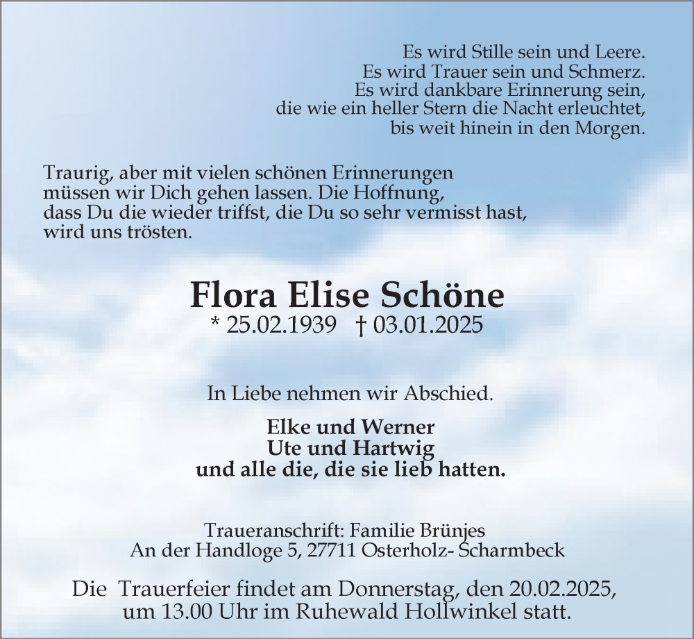  Traueranzeige für Flora Elise Schöne vom 07.02.2025 aus Neue Westfälische und Westfalen-Blatt