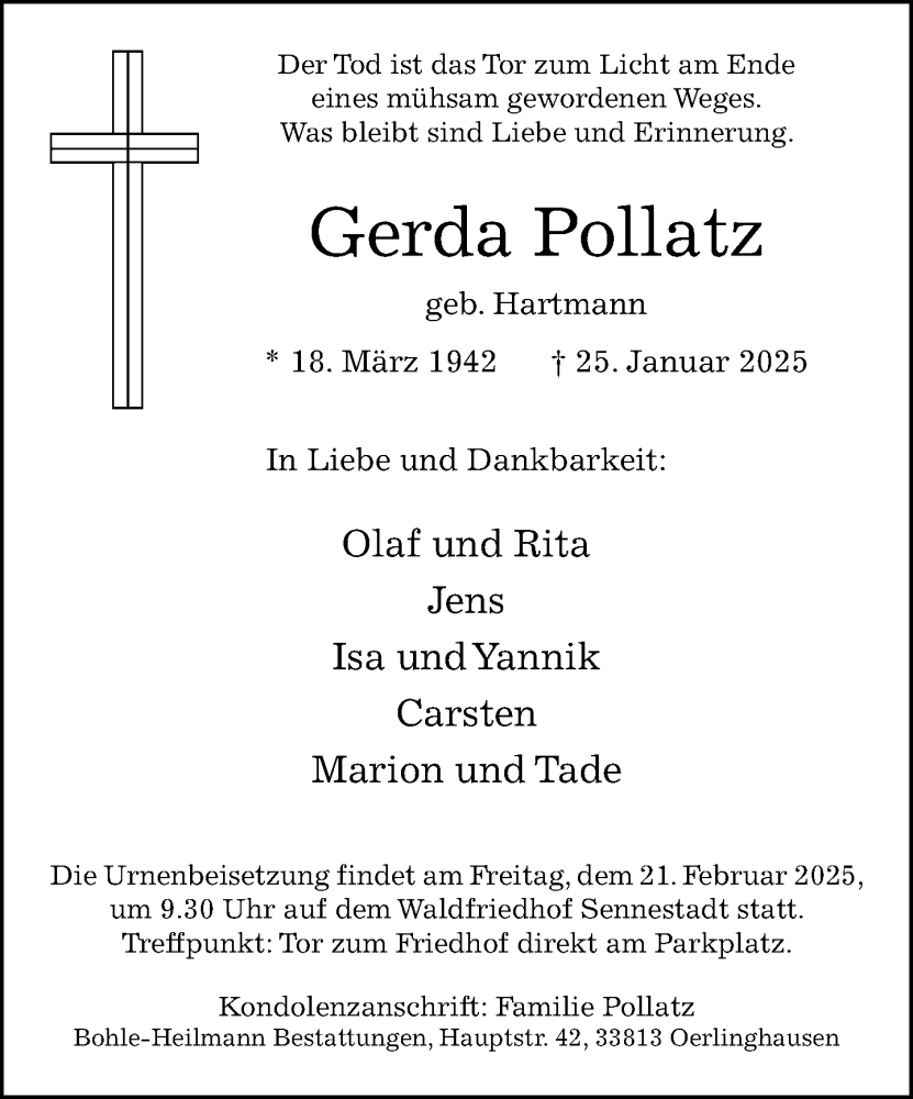  Traueranzeige für Gerda Pollatz vom 01.02.2025 aus Neue Westfälische und Westfalen-Blatt