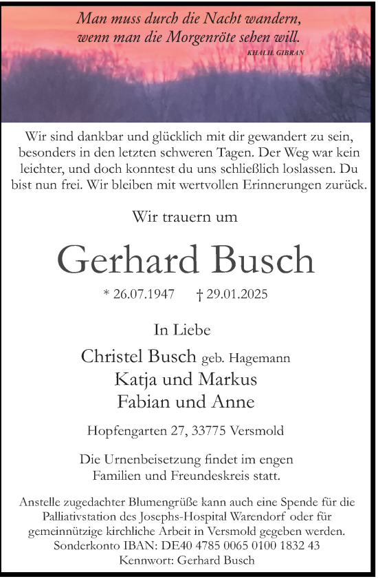 Traueranzeige von Gerhard Busch von Neue Westfälische und Westfalen-Blatt