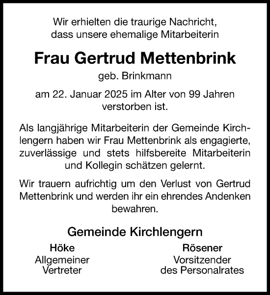 Traueranzeige von Gertrud Mettenbrink von Neue Westfälische und Westfalen-Blatt