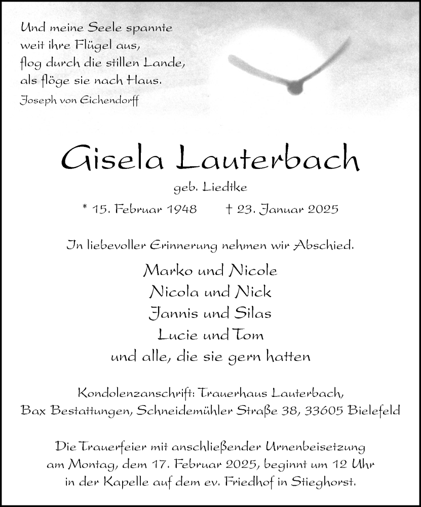  Traueranzeige für Gisela Lauterbach vom 01.02.2025 aus Neue Westfälische und Westfalen-Blatt