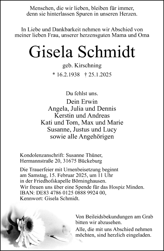 Traueranzeige von Gisela Schmidt von Neue Westfälische und Westfalen-Blatt