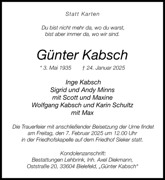 Traueranzeige von Günter Kabsch von Neue Westfälische und Westfalen-Blatt