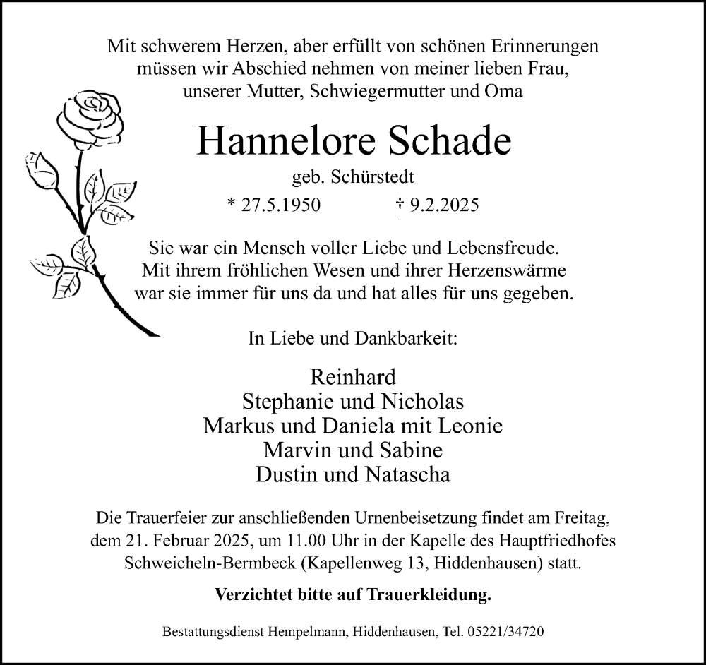  Traueranzeige für Hannelore Schade vom 15.02.2025 aus Neue Westfälische und Westfalen-Blatt