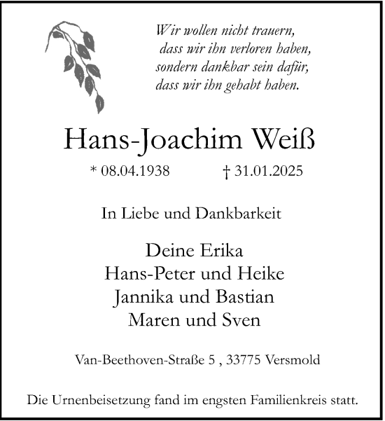 Traueranzeige von Hans-Joachim Weiß von Neue Westfälische und Westfalen-Blatt