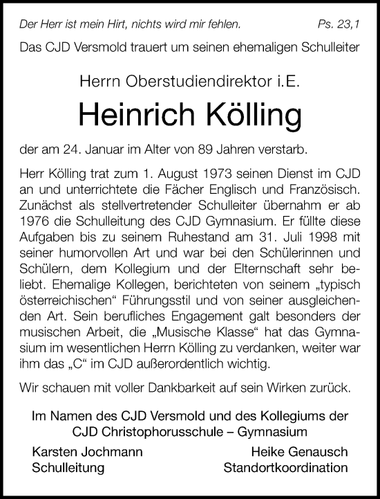 Traueranzeige von Heinrich Kölling von Neue Westfälische und Westfalen-Blatt