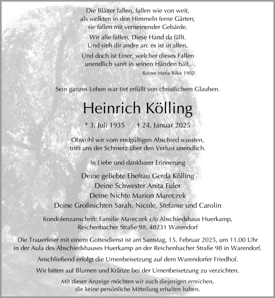 Traueranzeige von Heinrich Kölling von Neue Westfälische und Westfalen-Blatt