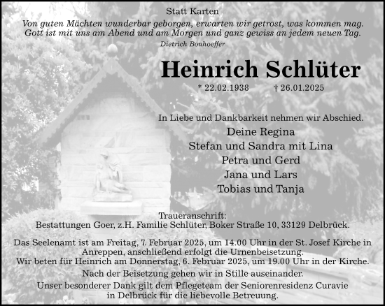 Traueranzeige von Heinrich Schlüter von Neue Westfälische und Westfalen-Blatt