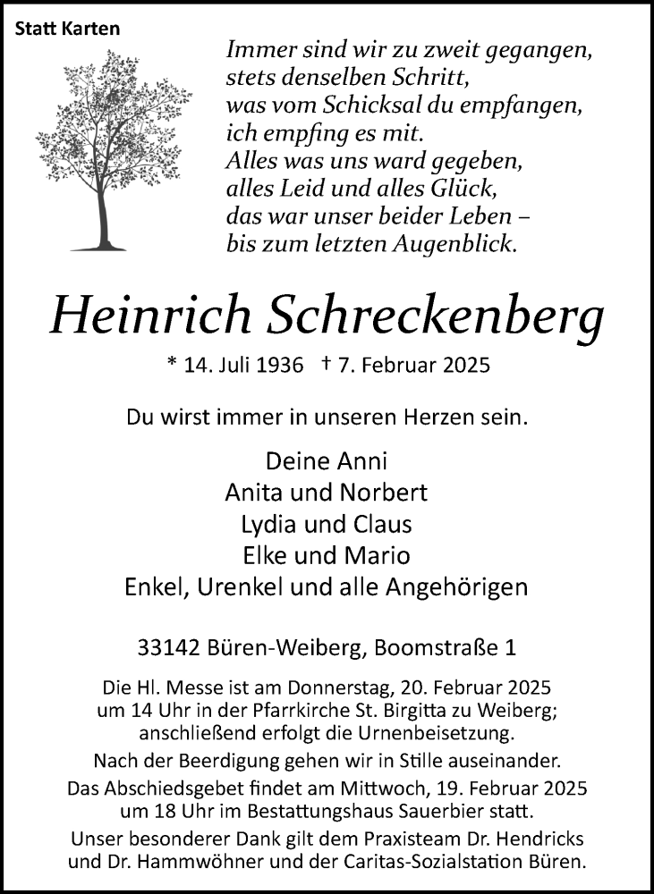  Traueranzeige für Heinrich Schreckenberg vom 15.02.2025 aus Neue Westfälische und Westfalen-Blatt