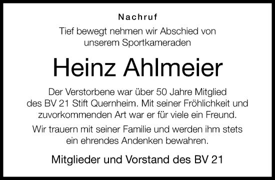 Traueranzeige von Heinz Ahlmeier von Neue Westfälische und Westfalen-Blatt