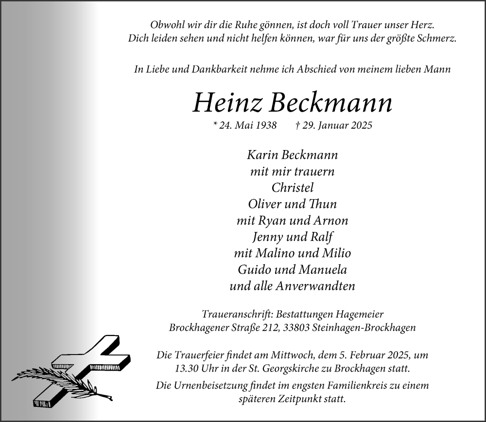  Traueranzeige für Heinz Beckmann vom 01.02.2025 aus Neue Westfälische und Westfalen-Blatt