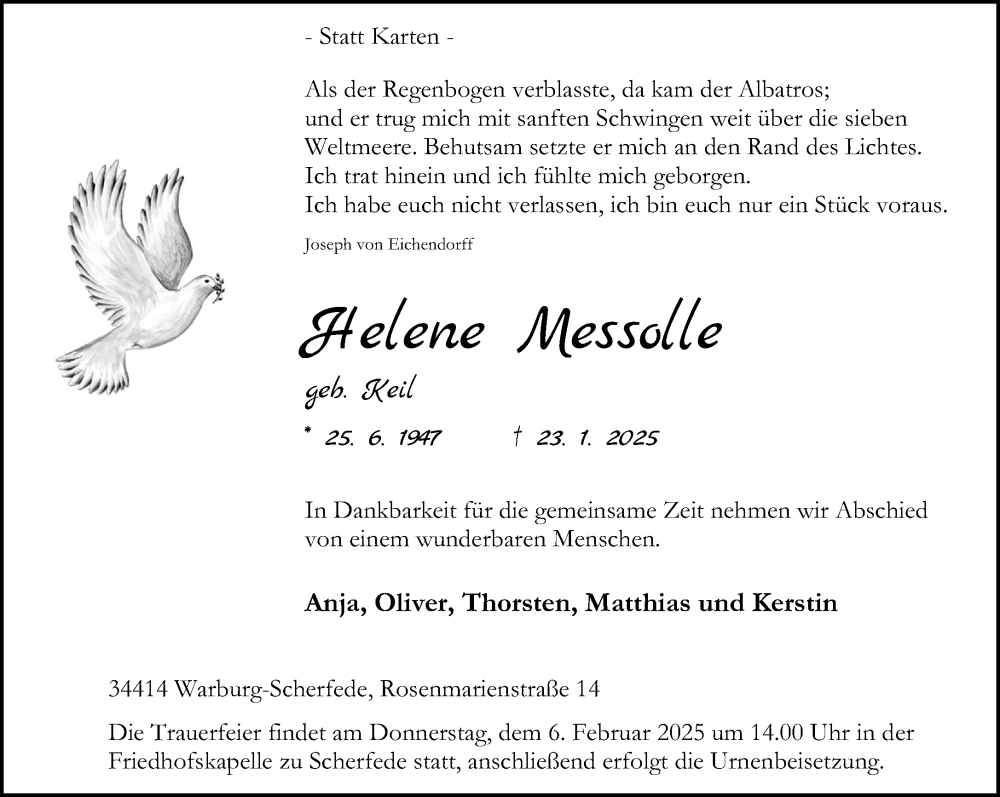  Traueranzeige für Helene Messolle vom 01.02.2025 aus Neue Westfälische und Westfalen-Blatt