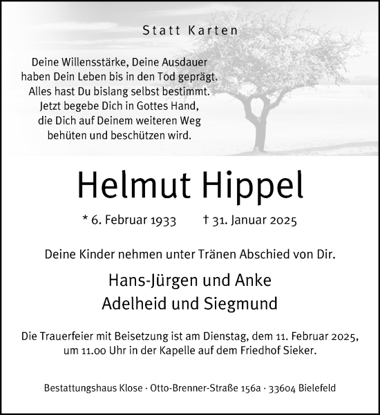 Traueranzeige von Helmut Hippel von Neue Westfälische und Westfalen-Blatt