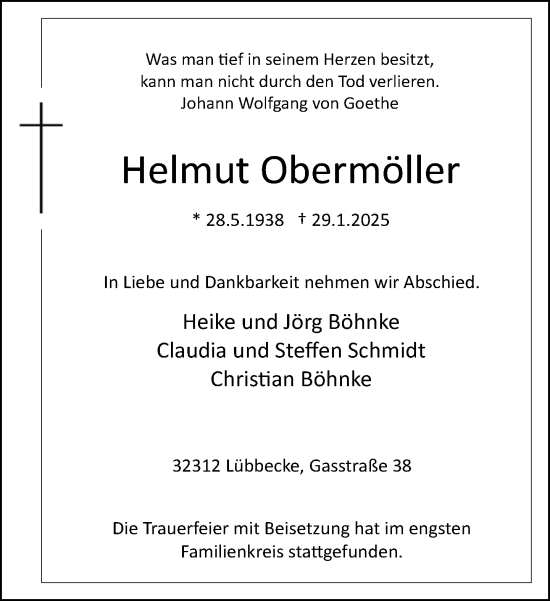 Traueranzeige von Helmut Obermöller von Neue Westfälische und Westfalen-Blatt