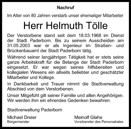Traueranzeige von Helmuth Tölle von Neue Westfälische und Westfalen-Blatt