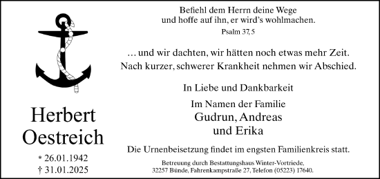 Traueranzeige von Herbert Oestreich von Neue Westfälische und Westfalen-Blatt
