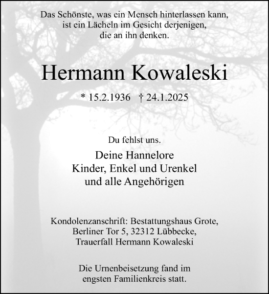 Traueranzeige von Hermann Kowaleski von Neue Westfälische und Westfalen-Blatt