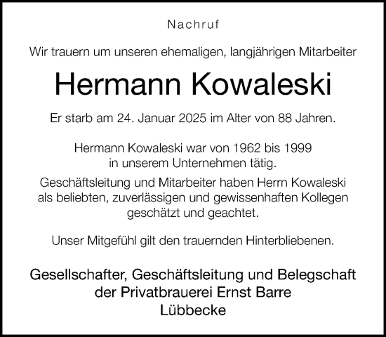 Traueranzeige von Hermann Kowaleski von Neue Westfälische und Westfalen-Blatt