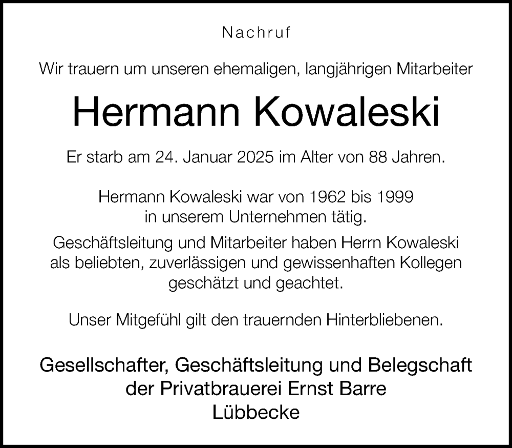  Traueranzeige für Hermann Kowaleski vom 10.02.2025 aus Neue Westfälische und Westfalen-Blatt
