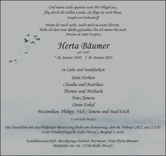 Traueranzeige von Herta Bäumer von Neue Westfälische und Westfalen-Blatt