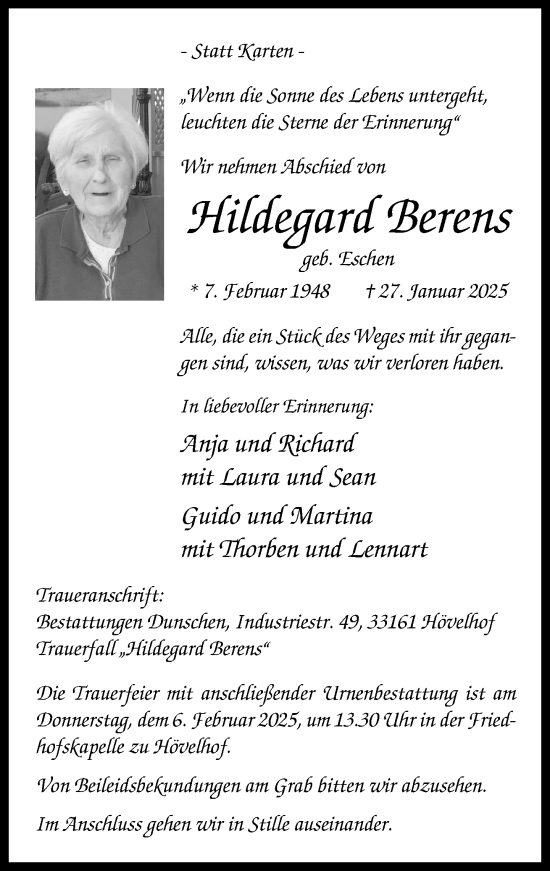 Traueranzeige von Hildegard Berens von Neue Westfälische und Westfalen-Blatt