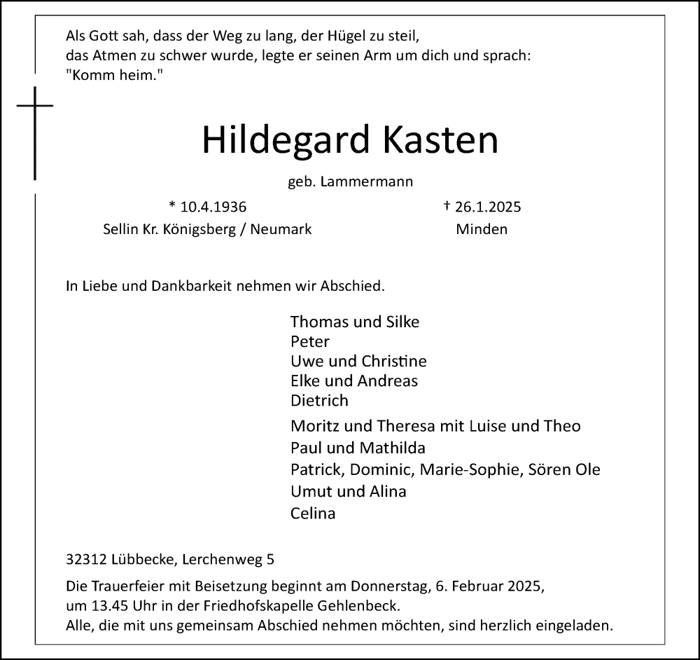  Traueranzeige für Hildegard Kasten vom 01.02.2025 aus Neue Westfälische und Westfalen-Blatt