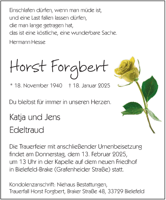 Traueranzeige von Horst Forgbert von Neue Westfälische und Westfalen-Blatt