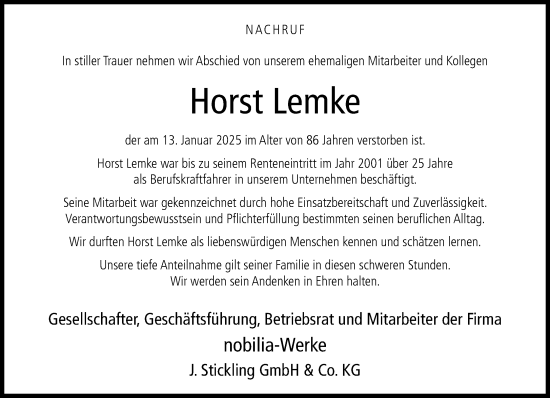 Traueranzeige von Horst Lemke von Neue Westfälische und Westfalen-Blatt