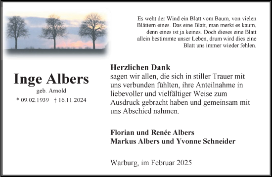 Traueranzeige von Inge Albers von Neue Westfälische und Westfalen-Blatt