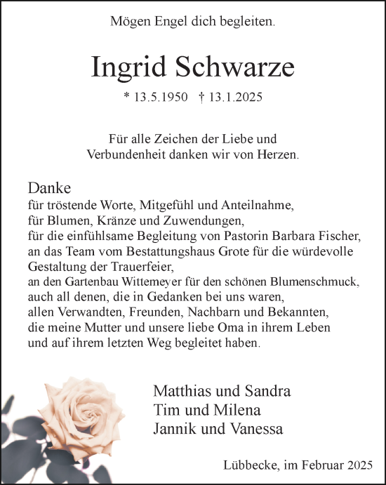 Traueranzeige von Ingrid Schwarze von Neue Westfälische und Westfalen-Blatt