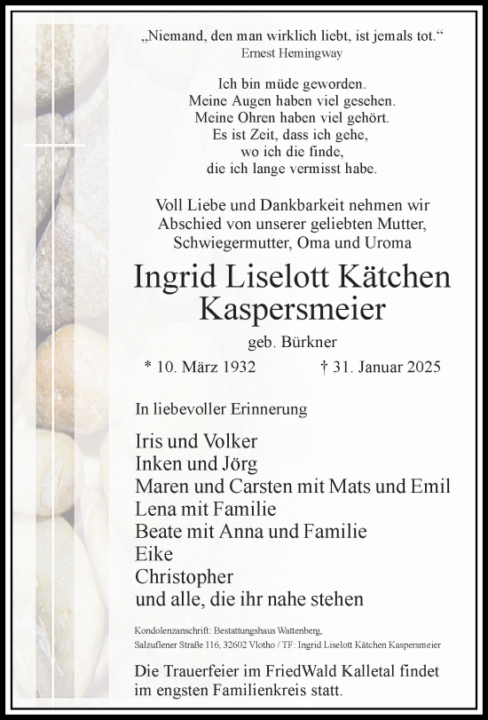 Traueranzeige von Ingrid Liselott Kätchen Kaspersmeier von Neue Westfälische und Westfalen-Blatt