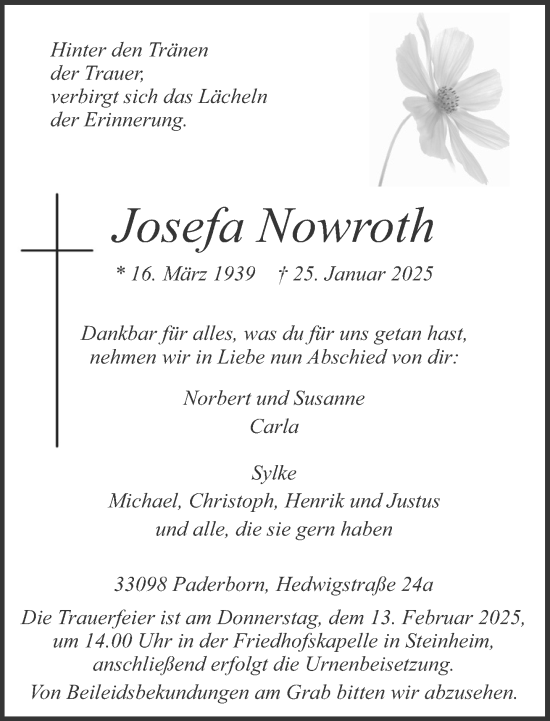 Traueranzeige von Josefa Nowroth von Neue Westfälische und Westfalen-Blatt