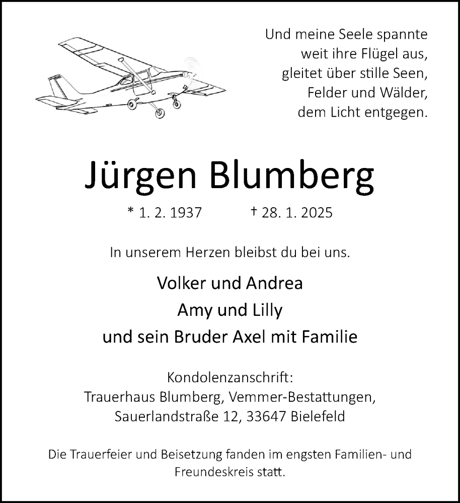  Traueranzeige für Jürgen Blumberg vom 15.02.2025 aus Neue Westfälische und Westfalen-Blatt